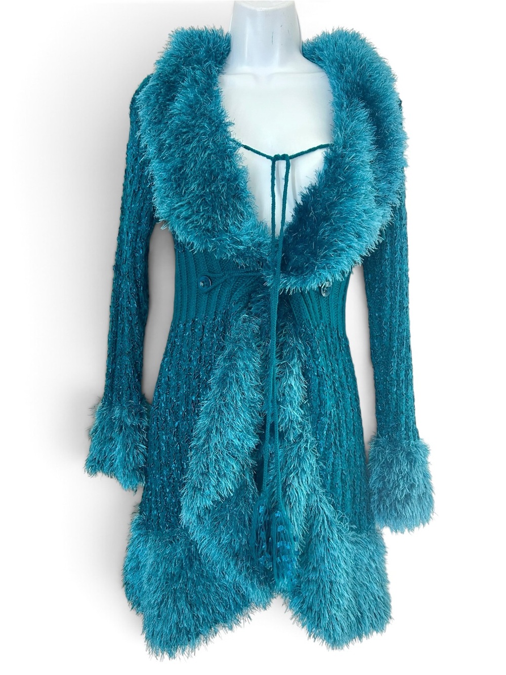 Vintage 90s Y2K Teal Faux-Fur Trim Knit Penny Lane Cardigan Jacket Women Size M